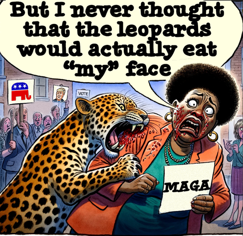 The image is a political cartoon based on a tweet. In the cartoon, a visibly distressed African-American woman is being attacked by a leopard that is biting her face, causing visible blood. The woman is holding a piece of paper with 