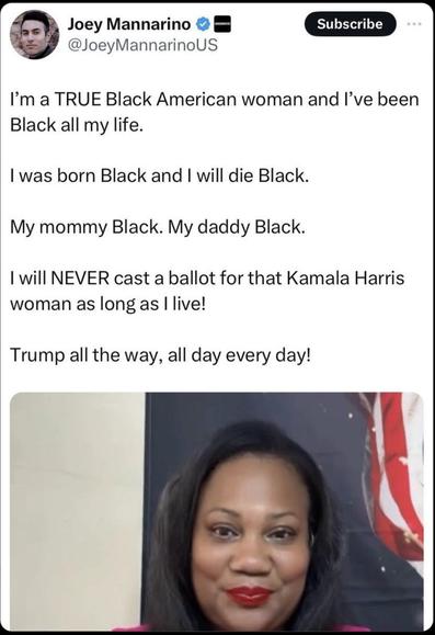 A post on the site formerly known as Twitter with a photo of a black woman and the text 