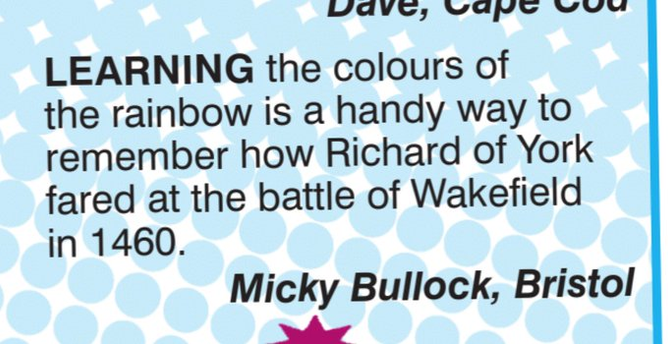 LEARNING the colours of the rainbow is a handy way to remember how Richard of York fared at the battle of Wakefield in 1460. 

Micky Bullock, Bristol
