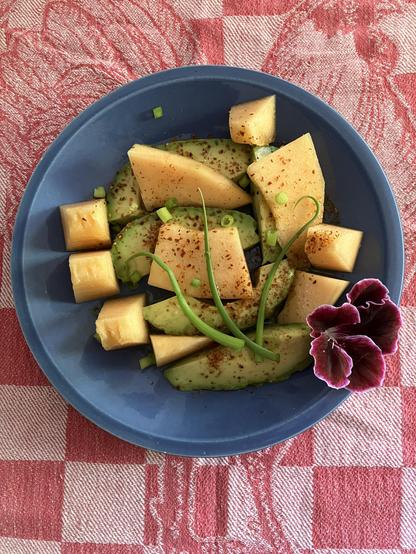Blue salad plate holding sliced avocado and cantaloupe, dressed with oil, salt, Aleppo pepper, and cut scallions.