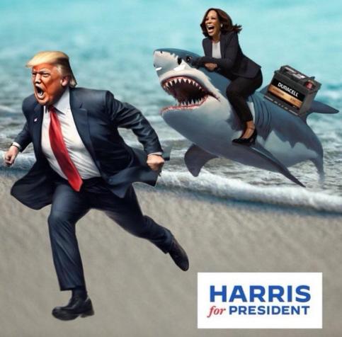 The Kamala Harris riding a great white powered by Duracell batteries chasing a fat white racist prick meme but I added cocaine under the sharks nose. 