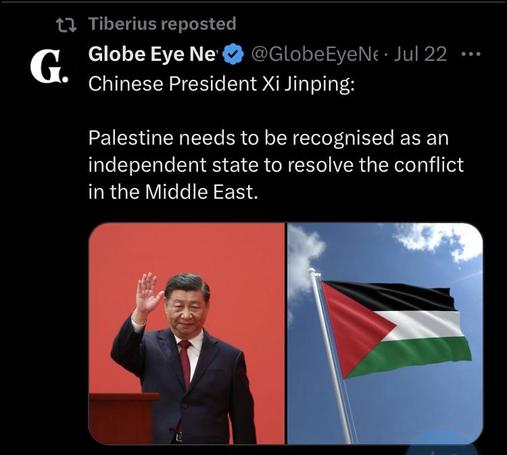 Chinese President Xi Jinping: Palestine needs to be recognised as an independent state to resolve the conflict in the Middle East. 