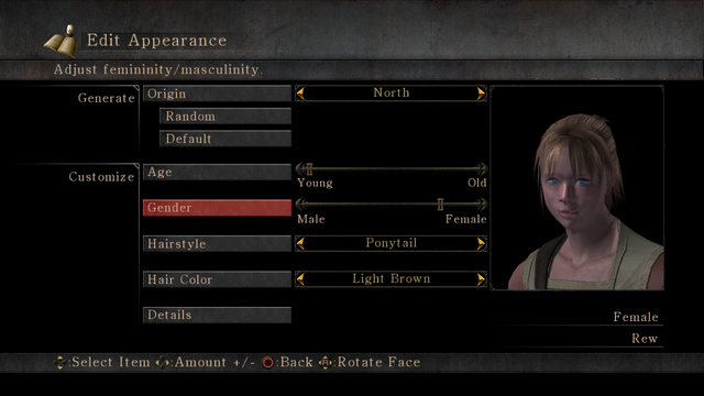 An Edit Appearance screen in the Demon’s Souls game. Origin, Hairstyle, and Hair Color give you distinct choices, like North, Ponytail, and Light Brown. But Age and Gender are sliders, where Age goes from Young to Old, and Gender goes from Male to Female.