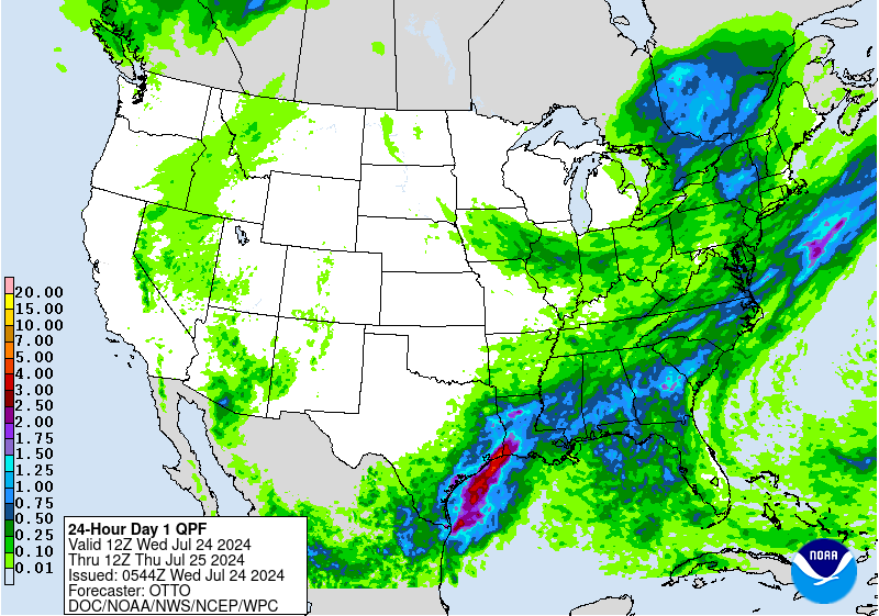 National rainfall total accumulation for the day shows monsoonal flow and associated rainfall with a band of 1 inch accumulation possible across VA and NC. And New England looks to be broadly wet. 