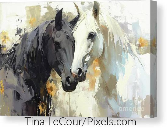 This is artwork of two horses one black and one white very close together showing affection towards each other against a white textured background. 