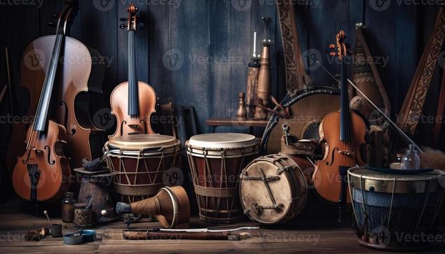 old music musical instruments of old cultures on table generated by ai photo