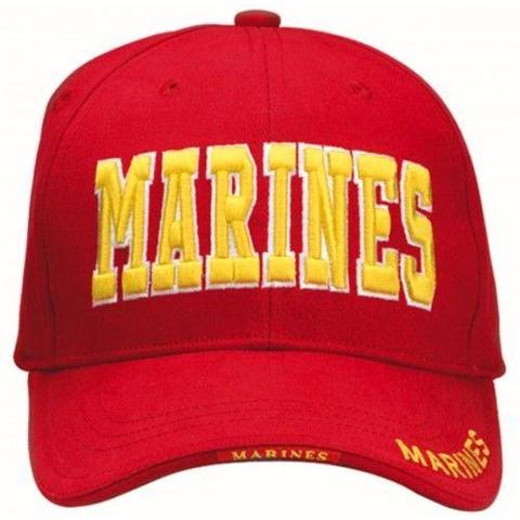 A red baseball cap with the word MARINES stitched in yellow, serif, all-caps lettering.