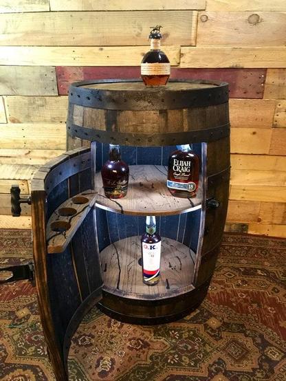 One example of a bourbon barrel converted into a bar storage unit.