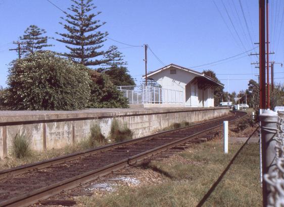 A view of a small suburban railway station taken looking over a lineside fence.  In the foreground is a broad gauge track - very much soaked in oil of the DMUs that ran the line in those days.  Behind the track is a concrete faced passenger platform upon which are some overgrown  bushes.  Further down the platform is a cyclone wire fence surrounding the entrance to an under-line pedestrian subway, and beyond that is a corrugated iron hipped roof light painted station building in SAR style and colouring.  In the distance beyond the station are some Norfolk Island pine trees that are so emblematic of the coastal suburbs of Adelaide.