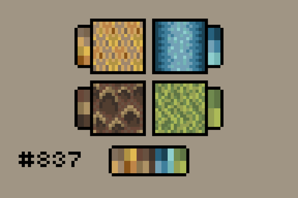 Pixel art of several fantasy-oriented wood textures