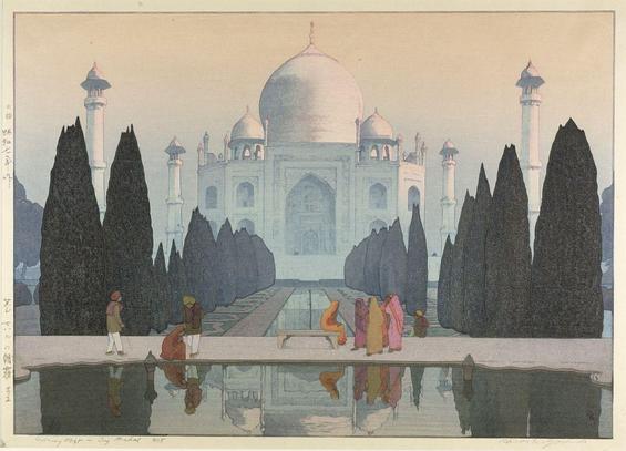 Print of the Taj mahal lit in the morning sun with tall slender trees lining the path and water in front and some ladies in sarees in the foreground

Image from woodblock.com