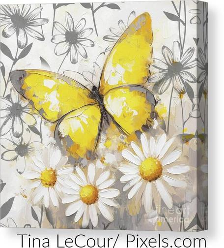 This is artwork of a big yellow butterfly with some white daisy flowers in the foreground and and gray and white daisy flowers in the background. 