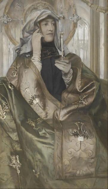 Painting of a white woman dressed in an oversize, ornately decorated silken robe, holding one gloved hand up to her cheek and the other holding up a slender incense burner, in a muted sepia palette