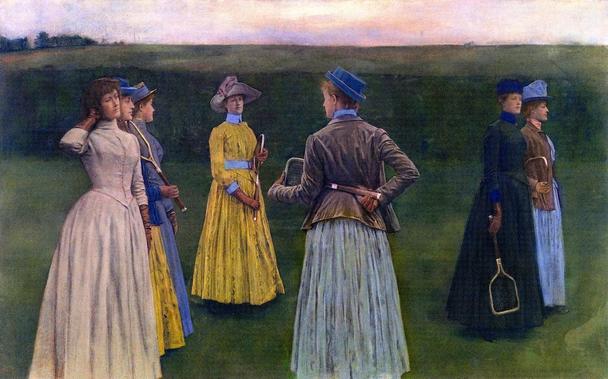 Painting of a group of white women in long dresses gathered in a field holding racquets, all facing different directions