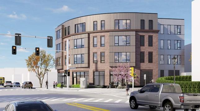 Rendering of proposed 434 Washington St. in Brighton Center, showing four stories, with commercial space on the ground floor