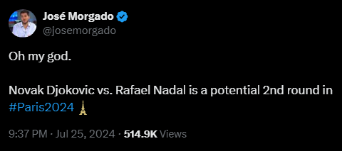 José Morgado @josemorgado 

Oh my god.

Novak Djokovic vs. Rafael Nadal is a potential 2nd round in #Paris2024
