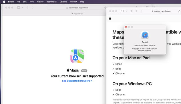 Apple maps online saying it doesn't run on this browser, but it runs on Safari, but I'm using Safari