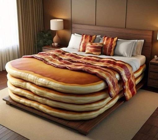 Pancake bed with Bacon strips across it and a bacon pillow