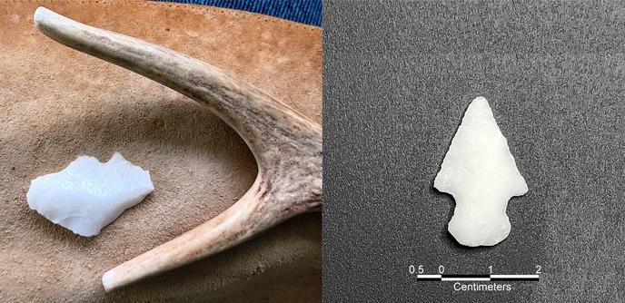 Left) White quartz flake lying on soft leather with forked deer antler tines. Right) 3.1 cm long x 1.9 cm wide point with triangular blade, medium length bulbar stem.