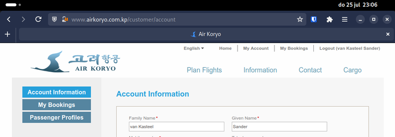 A completed registration at Air Koryo customer environment.