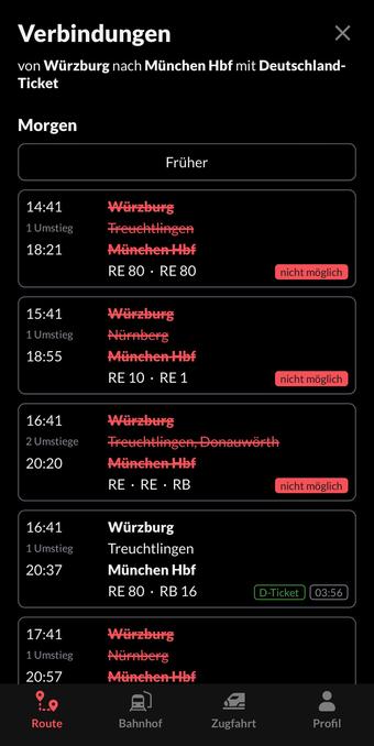 Screenshot aus der Bahn-App zur Zugverbindung mit Deutschlandticket am Freitag von Würzburg nach München. Bis auf die Verbindung um 16:41 Uhr fallen alle Verbindungen aus. Die Fahrzeit beträgt knapp 4 Stunden.