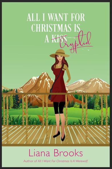 A green book cover with the drawing of a woman in a burgundy sun dress and a straw hat with reddish-brown hair standing on a bridge in front of brown mountains with snow on the peaks.