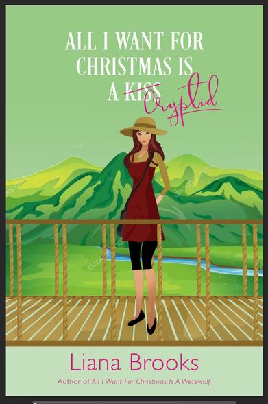 A green book cover with the drawing of a woman in a burgundy sun dress and a straw hat with reddish-brown hair standing on a bridge in front of green mountains and a river.