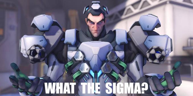 Image of Sigma from Overwatch 2 with hands outstretched, overlaid text at bottom reads 