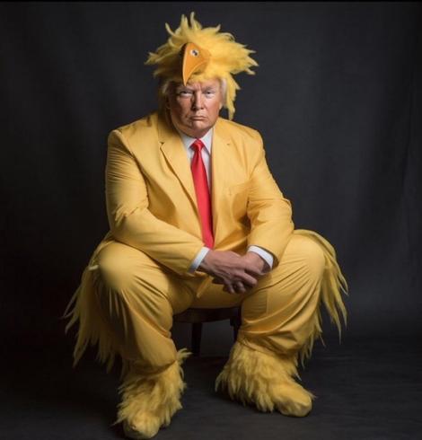 Donald Trump sat on a very low stool looking grumpy in a yellow chicken costume with a red tie, against a dark background.