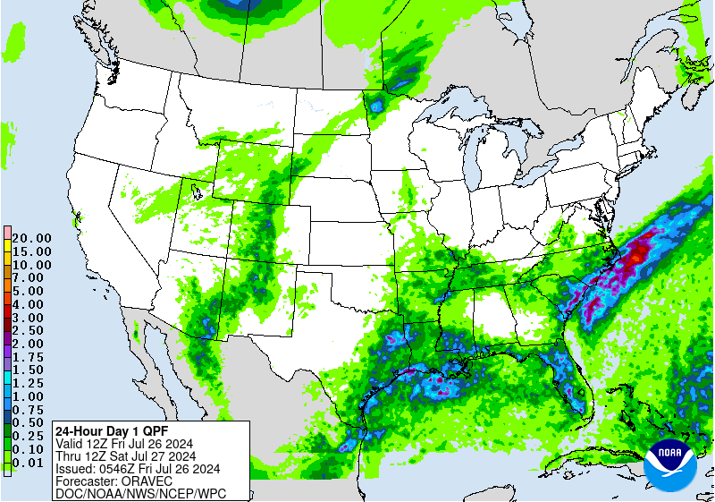 Rainfall Friday. Mostly off the outer banks and LA/TX gulf coast and FL. Appalachian Mountains will also be wet. 