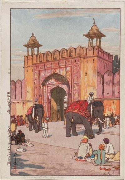 Woodblock print of the pinkish (red sandstone) gate at Ajmer gate (that faces Ajmer) in the walled old city of Jaipur. Two elephants with turbaned mahouts are in the image along with other people 
Image from jpwoodblock.com