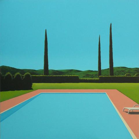 Painting in a crisp, somewhat flat style with an expanse of a rectangular swimming pool with still water stretching from the foreground into the center, bordered by a sepia pavement pathway with a single empty pool chair. There is an empty blue sky in the background and an orderly garden of neat hedges and tall narrow cypress trees.