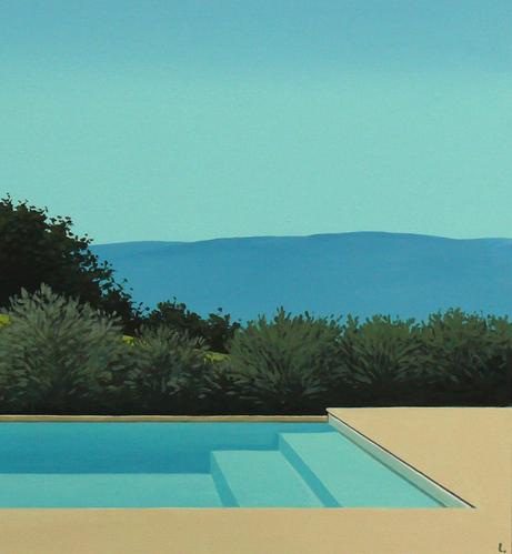 Painting in a crisp, somewhat flat style showing steps leading down into a small rectangular swimming pool in the left foreground, bordered by tan pavement. There is an empty blue sky in the background and soft blue landscape, and leafy green bushes