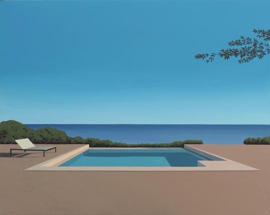 Painting in a crisp, somewhat flat style showing a small rectangular swimming pool with still water in the middleground, bordered by tan pavement with a single white pool chair. There is an empty blue sky in the background and dark blue ocean, with bits of green foliage visible