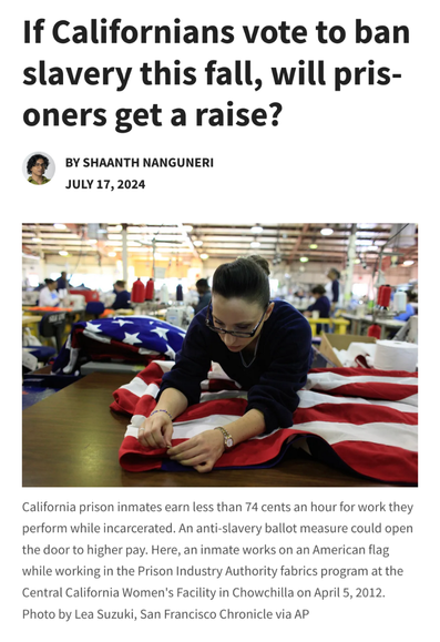 An inmate works on an American flag while working in the Prison Industry Authority fabrics program at the Central California Women's Facility in Chowchilla on April 5, 2012. Photo by Lea Suzuki, San Francisco Chronicle via AP