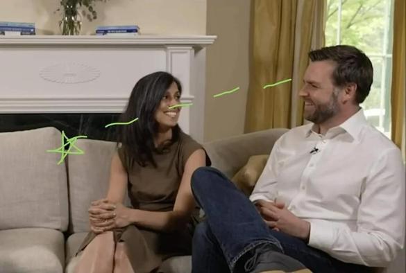 An image of JD Vance appearing to look at his wife Usha and smile. A cheaply drawn green line indicates his gaze is actually just past his wife, to the gap between couch cushions.