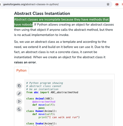 A screenshot of the page describing Abstract Class Instantiation. The first sentence reads: Abstract classes are incomplete because that have methods that have nobody.