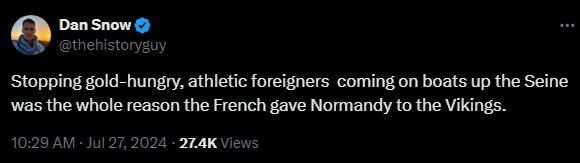 Dan Snow @thehistoryguy 

Stopping gold-hungry, athletic foreigners  coming on boats up the Seine was the whole reason the French gave Normandy to the Vikings.