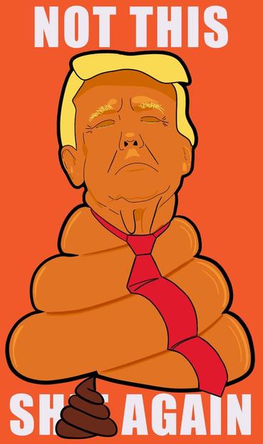 Cartoon illustration of Donald Trump with yellow hair and a red tie, depicted as a pile of excrement, with the text 