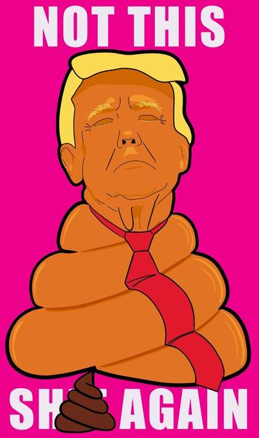 Cartoon illustration of Donald Trump with yellow hair and a red tie, depicted as a pile of excrement, with the text 