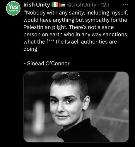 @IrishUnity - “Nobody with any sanity, including myself, would have anything but sympathy for the Palestinian plight. There’s not a sane person on earth who in any way sanctions what the f*** the Israeli authorities are doing.” - Sinéad O’Connor . 