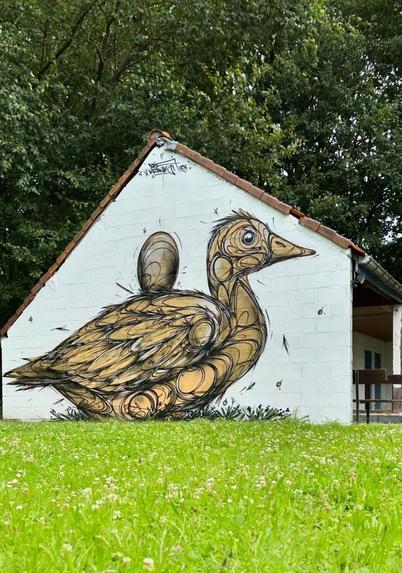 Streetartwall. The beautiful mural of a golden goose with an egg was sprayed/painted on the outside wall of a small house in a green meadow. The large bird is delicately drawn with small black circles and lines. An upright egg is perched on its back. The plumage drawings are sprayed in great detail with sweeps and many strokes and are reminiscent of a beautiful pencil sketch.