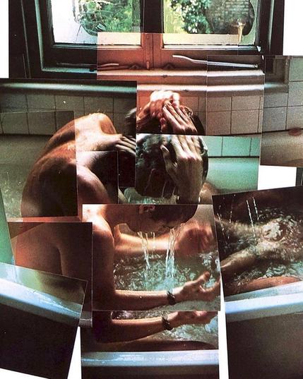 Photography. A Polaroid collage in color showing a naked man washing his hair in a bathtub. The photo is made up of countless small Polaroid photos. The individual pictures were taken at different times and are arranged on top of each other. The light also varies constantly. This creates the impression of movement. The dark-haired man is sitting in the water of the bathtub, his hands are in the water, then in the air and then on his head. A window can be seen in the background. The result is reminiscent of a cubist painting.
Info: David Hockney (born July 9, 1937) is considered the most influential artist of the 20th century with a focus on landscape painting and portraiture. He began working with photography in 1976. Hockney used Polaroid snapshots of a single motif and arranged them into an overall picture. He assembled his pictures from sometimes over 100 individual photos to create a photo collage.