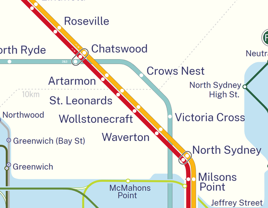 Screencap of lower north shore section of my new Sydney rail map.
