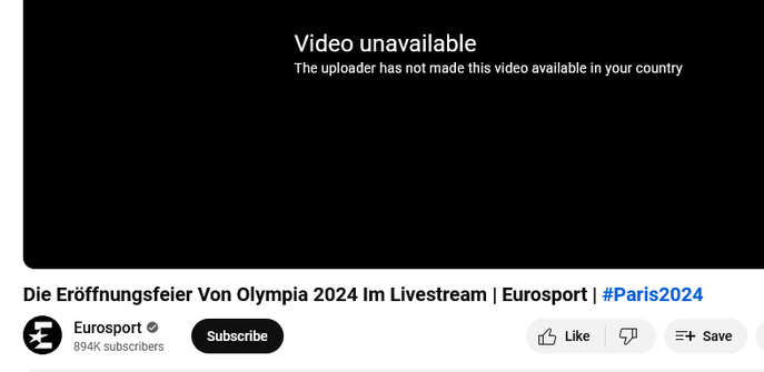 Screenshot of geoblocking by Eurosport on youtube for the Olympic ceremony: 