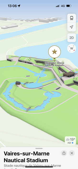 A screenshot of Apple Maps showing the 3D rendering of the Vaires-sur-Marnes Nautical Stadium