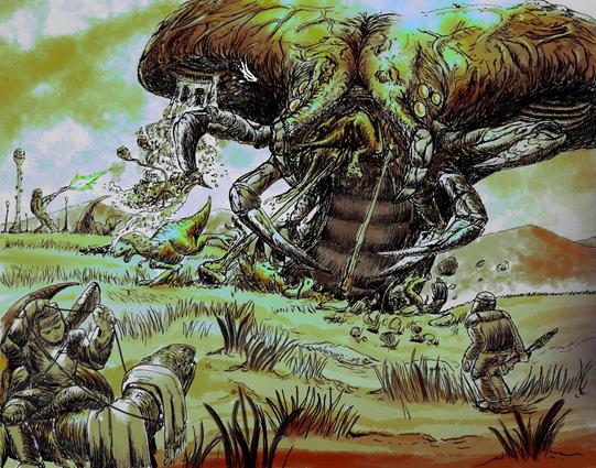 Fan art of an Arachnoth attacking a group of Coolia herders drawn in Moebius' art style.