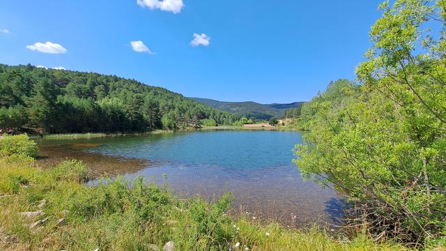 Foto de la Laguna de la Toba, en Orihuela del Tremedal (Teruel, España). La laguna está rodeada de vegetación verde. El cielo es azul con algunas nubes pequeñas.