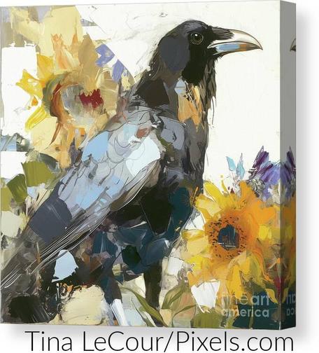 This is artwork of a handsome raven posing in some sunflowers against a white background. 