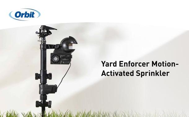 Image of an Orbit Yard Enforcer Motion-Activated Sprinkler against a white background with grass at the bottom, and the product name on the right.